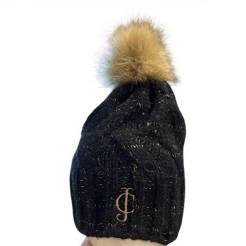 Juicy Couture Beanie Hat Beautiful Black Gold Metallic Pom